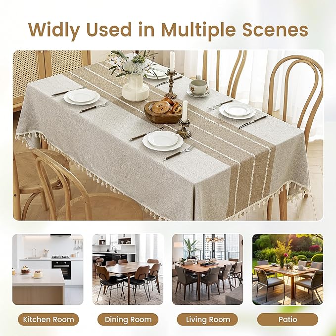puredown® Rustic Rectangle Tablecloth, Waterproof Cotton Linen Tablecloth with Tassel, Wrinkle Free Farmhouse Table Cloths for Kitchen Dining Outdoor, 55"x120",10-12 Seats, Coffee