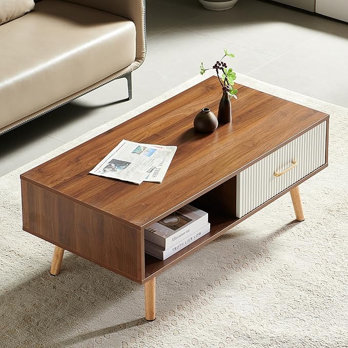 Mid Century Wooden Coffee Table with Stripe Drawer，Modern 41" Large Center Table with Storage，Rectangular Walnut Wood Coffee Tables for Living Room, 2-Tier Cocktail Table, Solid Wood Legs