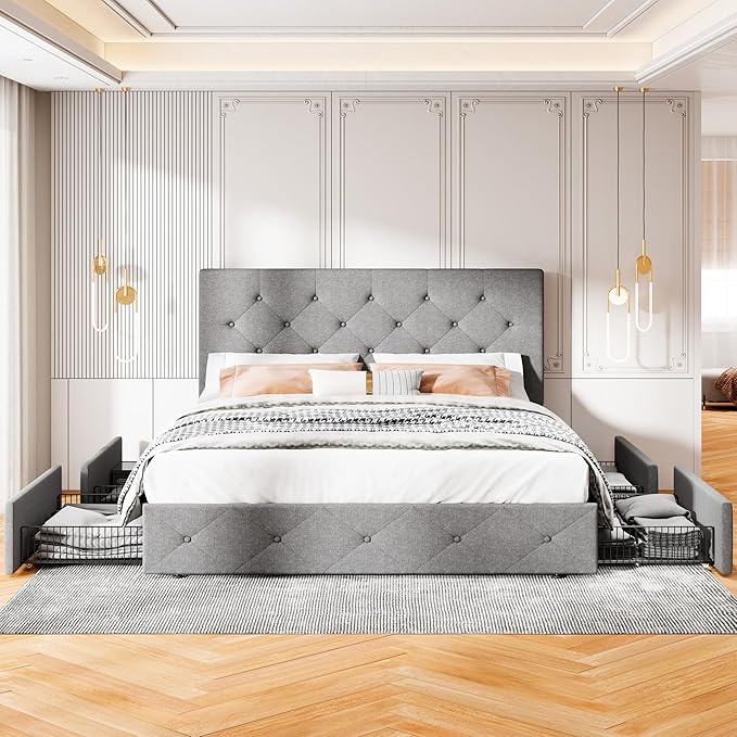 MUTICOR Queen Size Bed Frame with 4 Storage Drawers, Upholstered Platform Bed with Button Tufted Adjustable Headboard, No Box Spring Needed, Easy Assembly, Diamond Tufted, Light Grey Fabric