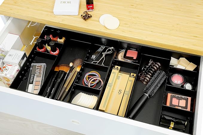 CAXXA 3 Slot Drawer Organizer with 4 Adjustable Dividers - Junk Drawer Storage for Makeup & Vanity, Office Desk Supplies and Accessories (BLACK, 1 PACK)