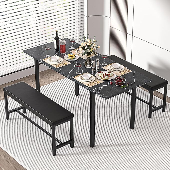 VECELO 3-Piece 63" Extendable Kitchen Table with Benches/Chairs, Modern Breakfast Dinette/Dining Room Set for 4/6/2, Small Space Saving Design, Easy Assembly