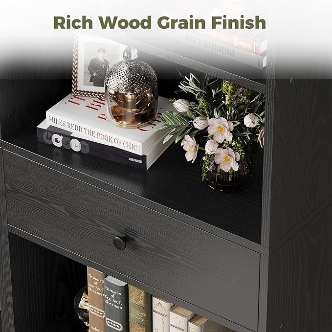 IRONCK Bookcase and Bookshelves, 70" Tall Bookshelf Floor Standing 6 Tiers Display Storage Shelves, Book Shelf with Drawers for Home Office, Living Room, Bedroom, Library, Black