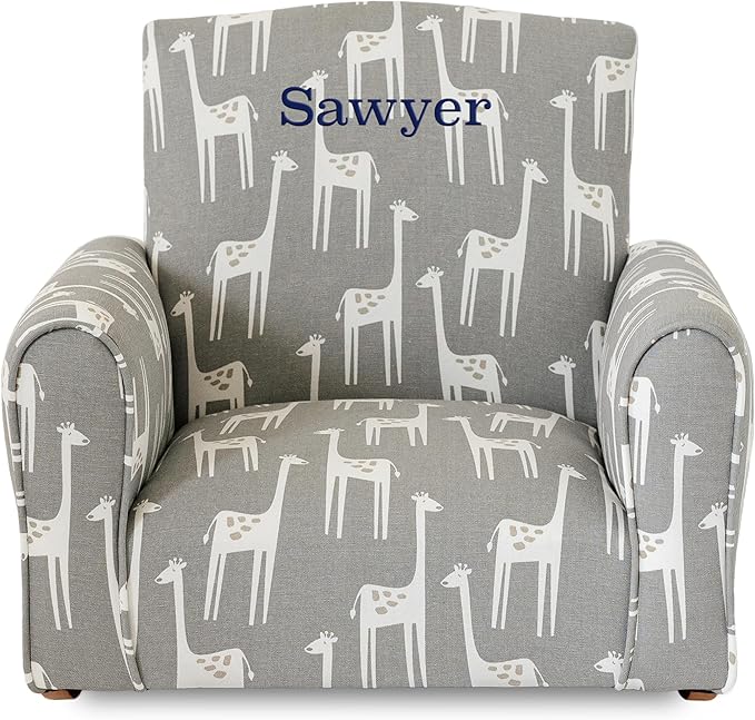 Toddler Personalized Armchair, Kids Upholstered Rocking Chair with Personalization, Toddler Chair with Personalized Name, Comfy Child Armchair, (Grey Giraffes Print, Rockers)