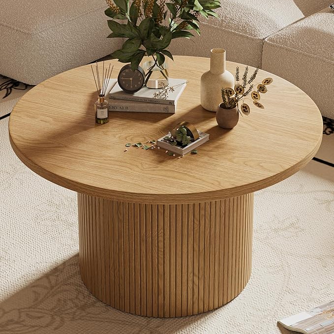 Round Coffee Table with Metal Frame, 35" Coffee Tables for Living Room, Circle Wood Accent Center Table for Apartment, Oak