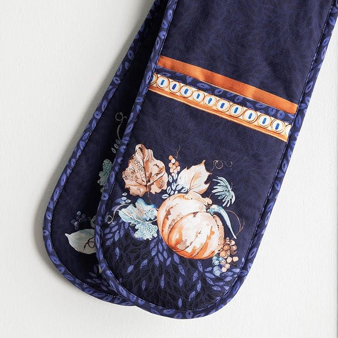 Maison d' Hermine Double Oven Mitt (7" x 35") 100% Cotton Heat Resistant BBQ Cooking Gloves with Loop for Thanksgiving Christmas Decorations Baking Cooking Barbeque Handling Hot Pan (Pumpkin Blues)