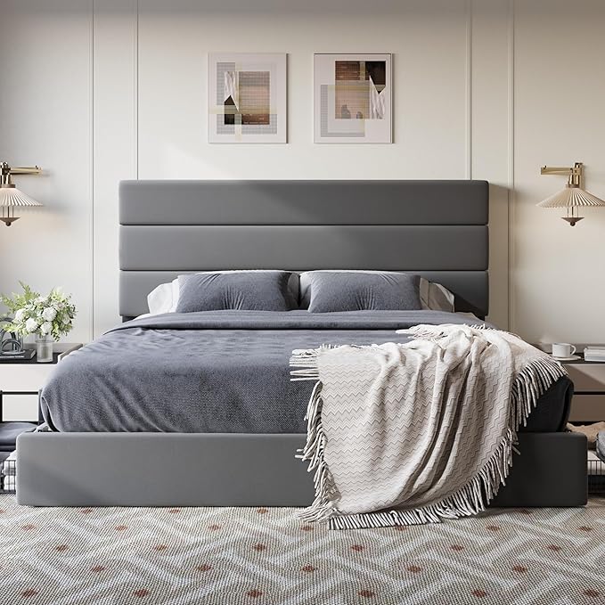 SHA CERLIN King Size Platform Bed Frame with 4 Storage Drawers, Velvet Upholstered Headboard, Mattress Foundation with Wooden Slats Support, No Box Spring Needed, Easy Assembly, Grey