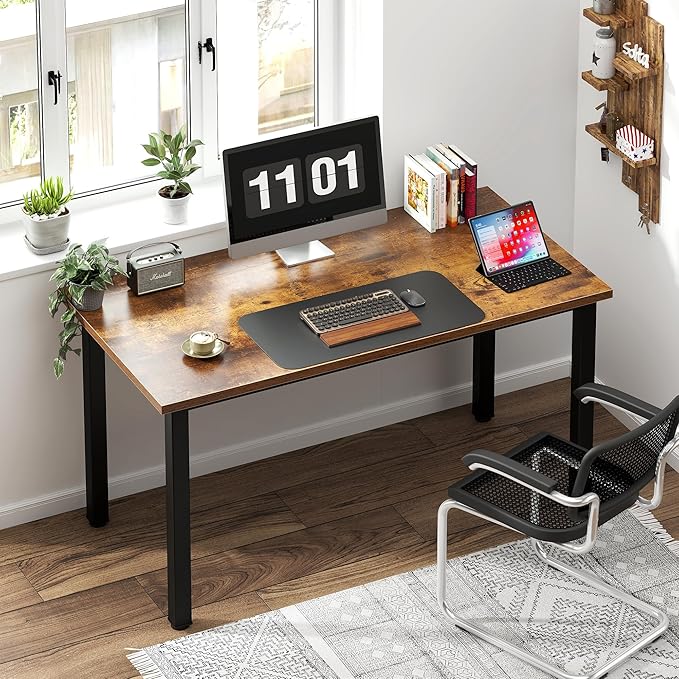 Need Computer Desk, 47 inch Home Office Desk, Modern Simple Style Home Office Gaming Desk, Basic Writing Table for Study Student, Black Metal Frame, Rustic Brown