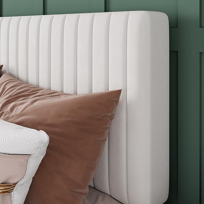 Allewie King Bed Frame, Velvet Upholstered Platform Bed with Adjustable Vertical Channel Tufted Headboard, Mattress Foundation with Strong Wooden Slats, Box Spring Optional, Easy Assembly, Off-White