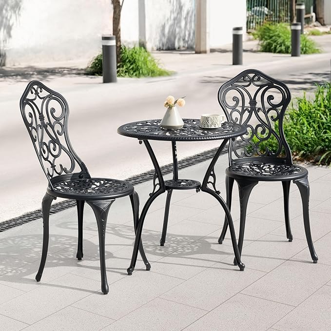 NUU GARDEN 3 Pieces Patio Bistro Set, Outdoor Bistro Set with 2 Chairs, Round Table with Umbrella Hole, All-Weather Outdoor Patio Bistro Set for Garden, Lawn, Poolside, Porch, Black