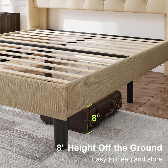 Feonase Queen Bed Frame with Diamond Tufted Wingback Headboard, Morden Upholstered Platform Bedframe, Sturdy Wooden Slats Support, Noise-Free, Easy Assembly, No Box Spring Needed, Beige
