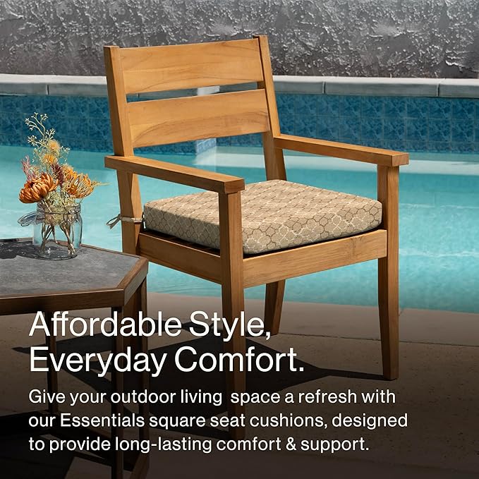Honeycomb Outdoor Essentials Set of 2 Square Seat Pads, 19 x 19, Courtyard Geo Almond Dining Chair Cushions for Patio Furniture