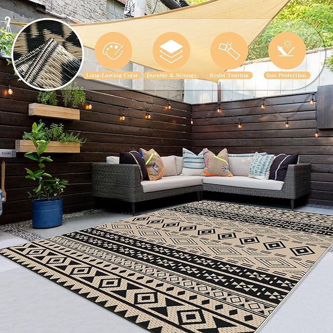 Wallona Outdoor Rugs 8x10 ft Patio Waterproof Clearance Indoor Outdoor Large Carpet for Patio Plastic Straw Reversible Area Rugs Mat for RV, Camping, Balcony, Beach, Picnic, Porch, Boho Black & Beige