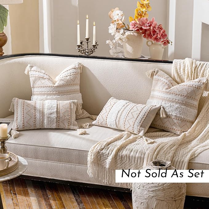 Decorative Throw Pillow Cover 18x18 Square Cream Neutral White Boho Accent Pillowcase Tassels Farmhouse Cushion for Couch Sofa Bedroom Living Room Home Décor (Cover ONLY, Pack of 1)