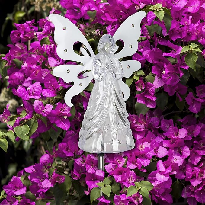 Exhart Garden Solar Lights, Decorative Angel Garden Stake, 13 LEDs, Cute Yard and Pathway Decor, White, 7 x 40 Inch