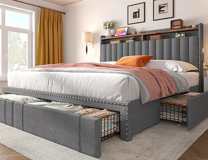EnHomee King Size Bed Frame, Upholstered King Bed Frame with 4 Storage Drawers & 2-Tier Headboard Shelves, 1200LBS Heavy Duty, No Box Spring Needed, Easy Assembly, Grey