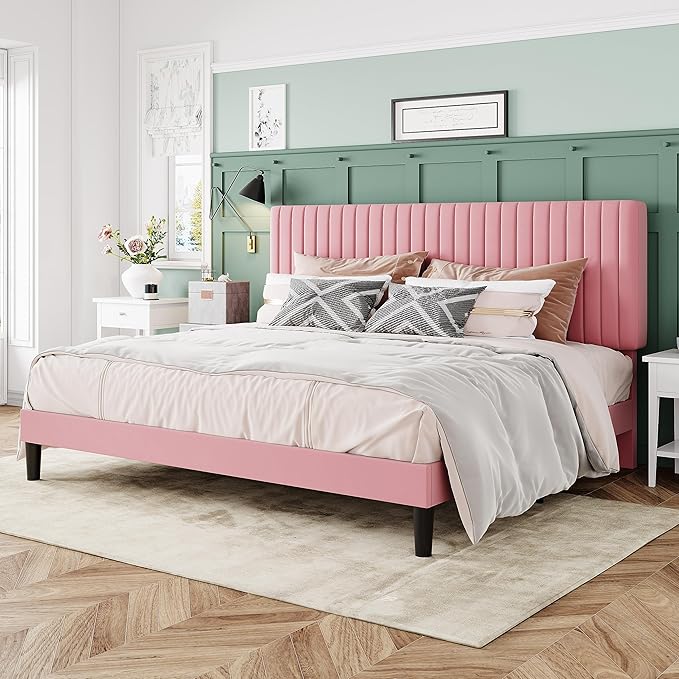 Allewie King Bed Frame, Velvet Upholstered Platform Bed with Adjustable Vertical Channel Tufted Headboard, Mattress Foundation with Strong Wooden Slats, Box Spring Optional, Easy Assembly, Pink