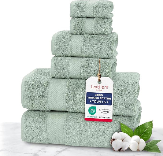 TEXTILOM 100% Turkish Cotton 6 Pcs Luxury Bath Towels, Soft & Absorbent Bathroom Towels Set (2 Bath Towel, 2 Hand Towel, 2 Washcloths)- Green