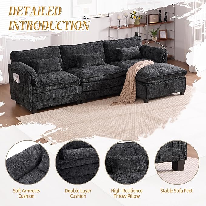 KEIKI 110" L-Shaped Boucle Modular Sectional Chenille Sofa with 1 Ottoman & Memory Foam Cushion & Phone Holder & USB, Upholstered Modern Oversized 4-Seater Couch, Easy Assembly, for Living Room, Black