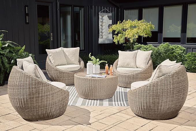 Signature Design by Ashley Danson Outdoor Lounge Chair with Cushion and 360-Degree Swivel, Set of 2, UV-Resistant Performance Fabric and Resin Wicker, Light Brown