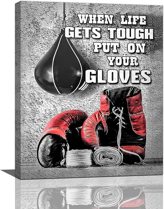 Boxing Posters Wall Art Red Boxing Gloves Pictures Wall Decor Black And White Inspirational Quotes Canvas Prints Painting Artwork Sports Canvas Home Decorations For Teen Boys Room Dorm Bedroom 16"x20"