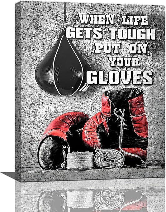 Boxing Posters Wall Art Red Boxing Gloves Pictures Wall Decor Black And White Inspirational Quotes Canvas Prints Painting Artwork Sports Canvas Home Decorations For Teen Boys Room Dorm Bedroom 16"x20"
