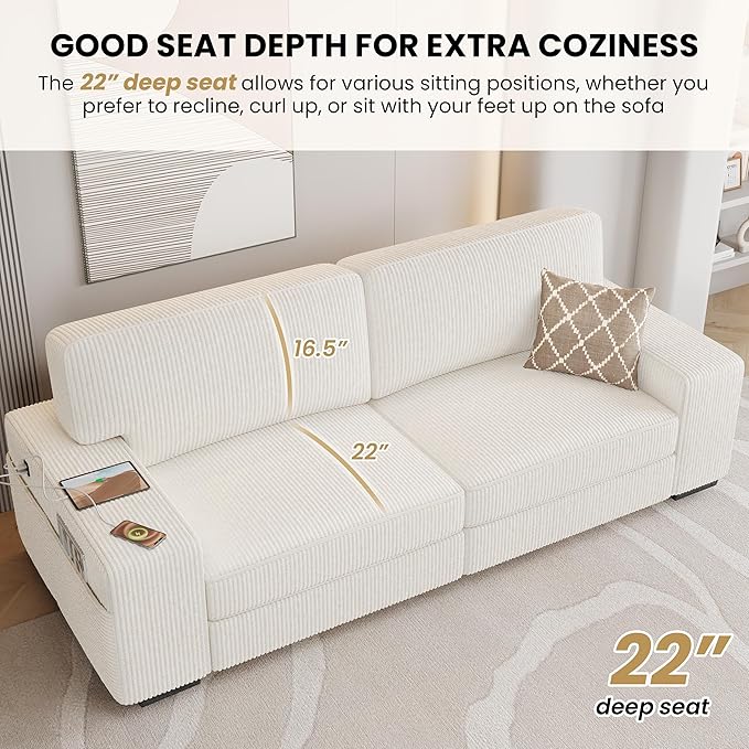 Yaheetech 83.5" W Modern Sofa Couch Corduroy Fabric Sofa with Detachable Cover, USB Charging Ports & Side Storage Pockets for Living Room Apartment, Ivory