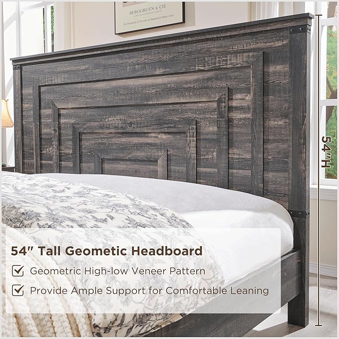 RedLemon Farmhouse Queen Size Bed Frame w/ 54" Tall Geometric Headboard, Rustic Wood Platform Bed w/ 2 Large Storage Drawers, Wood Slats Support, Noise Free, No Box Spring Needed, Dark Rustic Oak