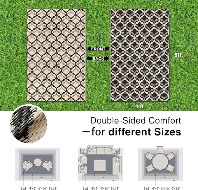 OLANLY Reversible Outdoor Rug 5x8 ft Clearance, Waterproof Outdoor Plastic Straw Rug with Interlacing Pattern, RV Mat for Patio, Camping, Balcony, Deck, Backyard, Black & Beige