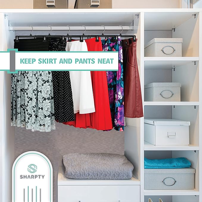 Sharpty Pant & Skirt Hangers - Closet Hangers for Shorts, Shirts, Jeans, Dresses, Slacks, Coats, Clothes, Clothing, Garments & More - Durable, Space Saving & Non-Slip, Black - 10 Pack