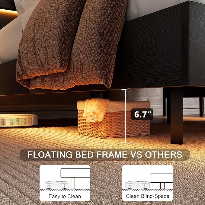 Floating Bed Frame Full Size with Led Headboard and Charging Station, Metal Platform Bed Base with Storage, Remote Control, Heavy Slats Support, No Box Spring Needed, Noise Free, Black