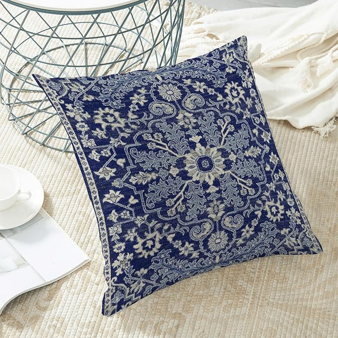 Navy Blue White Boho Pillow Covers 18x18 Set of 2, Carpet Design Decorative Boho Throw Pillows Linen Farmhouse Bohemian Cushion Pillow Covers for Sofa Couch Outdoor Decor