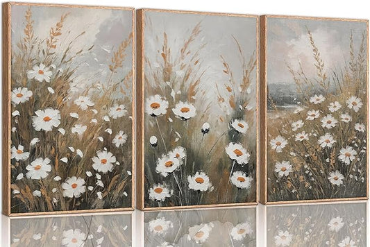 3 Pcs Vintage Wildflowers Field Canvas Wall art Farmhouse Rustic Wildflower Nature Landscape Painting Pictures Wall Decor Posters Print Artwork for Living Room Bathroom Home Decoration Unframed