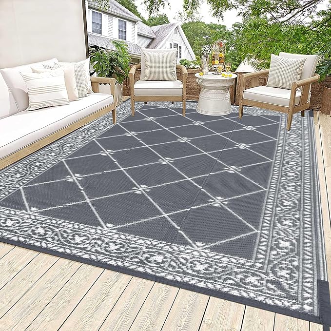 HiiARug Reversible Mat Plastic Outdoor Rugs for Patios Clearance Waterproof Plastic Straw Rug Large Area Rug for Outdoor, Porch, Patio, RV,Camping,5x7Ft, Grey