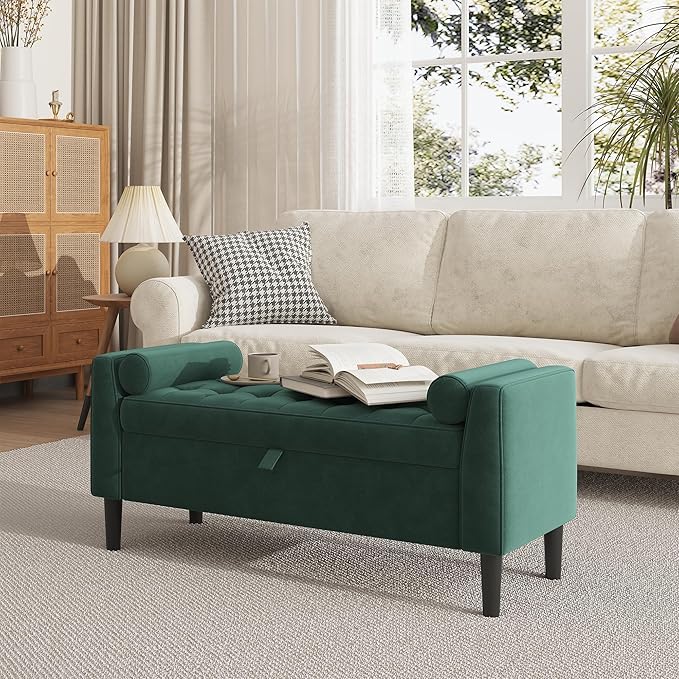 46.5" Storage Ottoman Bench – Upholstered End-of-Bed Storage Chest with Rolled Armrests & Wood Legs, Entryway Shoe Bench and Footrest Seat for Hallway, Bedroom & Living Room & Walk-in Closet (Green)