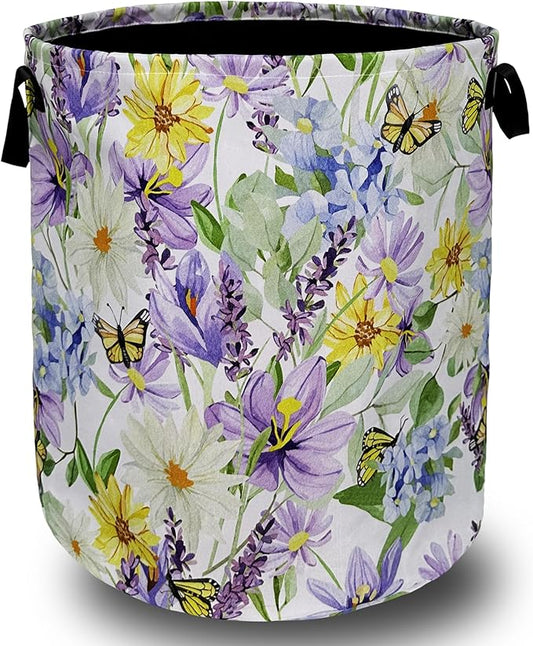 Purple Flower With Butterfly Laundry Basket Foldable With Handles Tote Bag Oxford Cloth Colorful Laundry Hamper 18.9"x16.5 "Clothe Storage Bucket Toy Organizer For Bathroom/Laundry/Bedroom