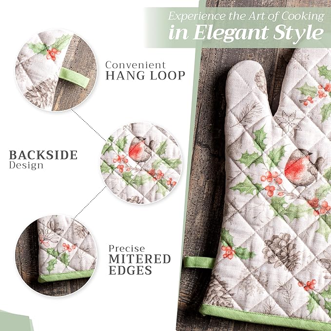 Maison d' Hermine Oven Gloves 100% Cotton Oven Mitt 7" x 13" with Loop Heat Resistant BBQ Cooking Gloves for Thanksgiving Christmas Decorations Baking Handling Hot Pans (Pack of 1, Christmas Dew)