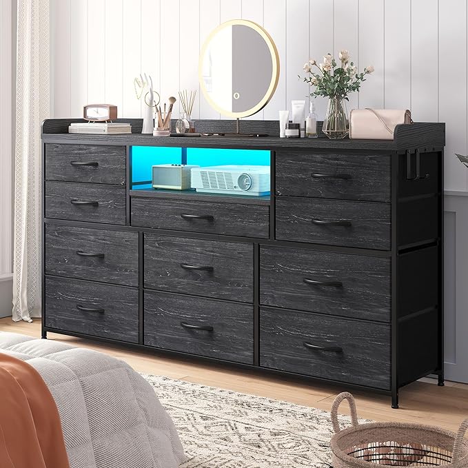 EnHomee Dresser TV Stand with 11 Drawers for 60" TV Stand for Bedroom with LED Lights & Power Outlets Long Dresser for Bedroom with Shelves & 4 Hooks Sturdy Metal Frame & Wood Top, Charcoal Black
