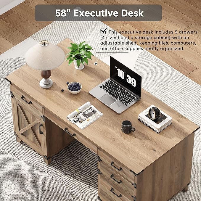 59" Farmhouse Executive Desk with Keyboard Tray,Wooden Computer Desk with Scratch-Resistant Wear-Resistant for Office, 5 Drawers,Home Office Workstation with wFile Cabinet Storage