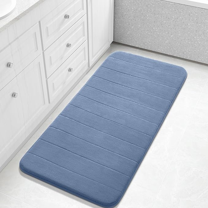 Yimobra Long Bath Mat 44"x24", Super Soft Quick Dry Memory Foam Bathroom Rug, Water Absorbent, Non Slip Backing Machine Washable for Tub Shower, Thick Comfort Support, Denim Blue