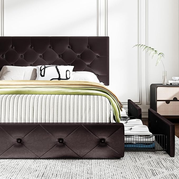 MUTICOR Full Size Bed Frame with 4 Storage Drawers, Upholstered Platform Bed with Button Tufted Adjustable Headboard, No Box Spring Needed, Easy Assembly, Diamond Tufted, Brown Leather