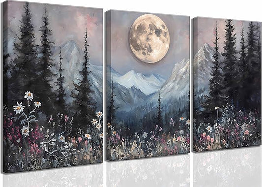3Pcs Full Moon Forest Canvas Wall Art Moody Dark Forest Moonlit Pine Tree Mountains Wildflowers Wall Decor Wildflower Moon Poster Print Artwork for Bedroom Living Room Decoration
