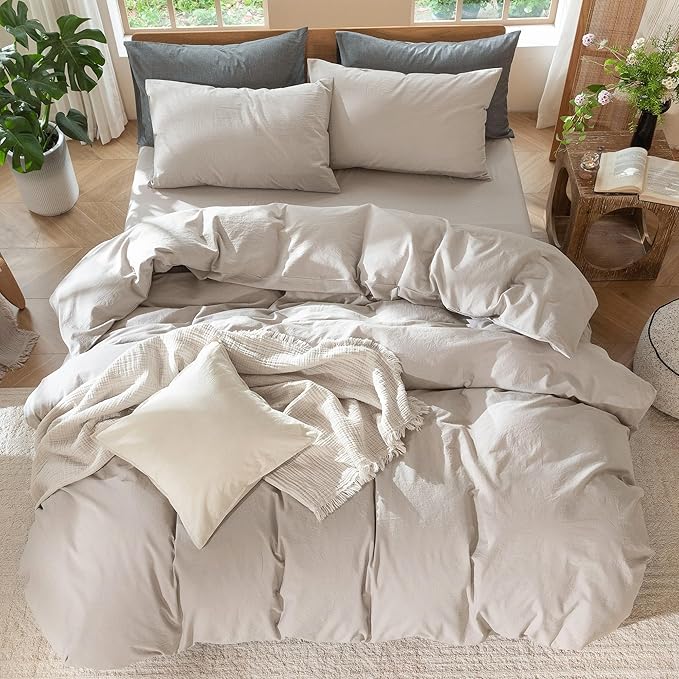 MooMee Bedding Duvet Cover Set 100% Washed Cotton Linen Like Textured Breathable Durable Soft Comfy (Solid Light Tan, Palatial King/Oversized King 120"x98")
