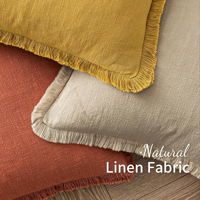 MIULEE Decorative Throw Pillow Covers Neutral Linen Fringe Throw Pillows Set of 2 Mustard Yellow Boho Farmhouse Cushion Covers with Tassels for Couch Sofa Bed Living Room Spring Home Decor 18x18 Inch
