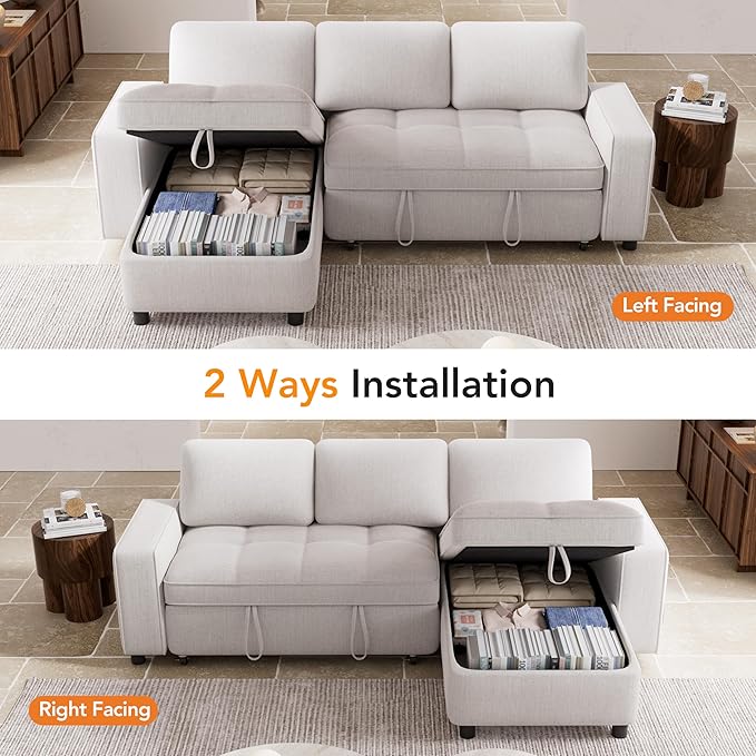 Vipbear Chenille Sleeper Sectional Sofa, 81" L Shaped Couch with Pull Out Bed, Convertible Cloud Sofa with Reclining Backrest | Reversible Storage Chaise | USB Ports | Tool-Free Assembly | Beige