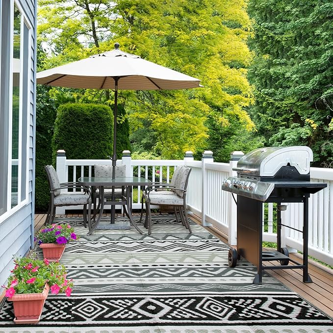 Lahome Outdoor Rug Waterproof, 5x8ft Reversible Outdoor Plastic Straw Rug for Camping, RV Patio Rugs Outside Carpet for Porch Deck Backyard Balcony Picnic(Grey/Black,5'x 8')