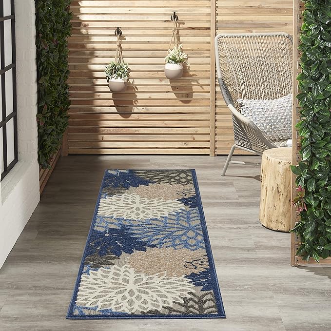 Nourison Aloha Indoor/Outdoor Blue/Multicolor 2'3" x 8' Area Rug, Tropical, Botanical, Easy Cleaning, Non Shedding, Bed Room, Living Room, Dining Room, Deck, Backyard, Patio (2x8)