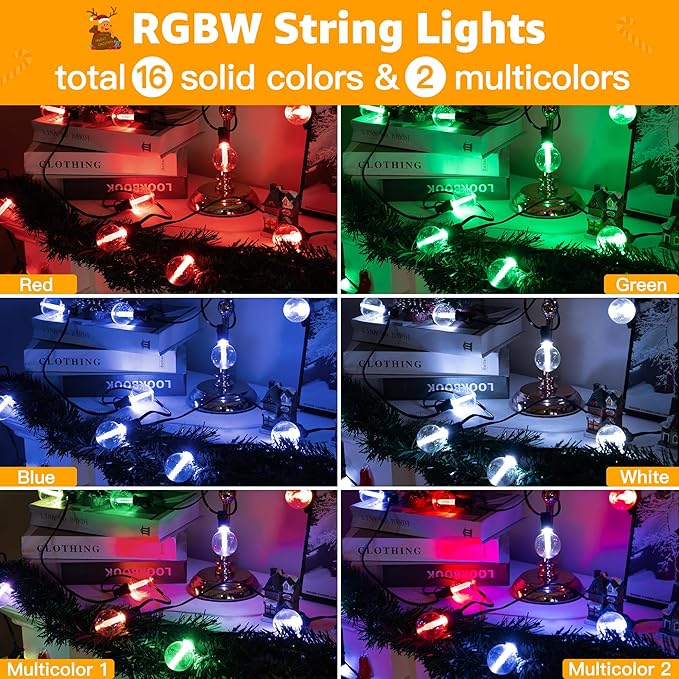 Ollny RGBW Outdoor Lights 20 Bulbs 30FT, Red White Blue String Light for Independence and Memorial Day, Plug in Remote Waterproof Timers Patio Lights for American Holiday Outside Balcony Porch Yard