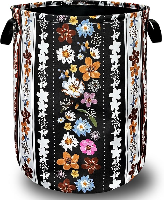 Boho Flowers Laundry Basket Foldable With Handles Universal Tote Bag Oxford Cloth Colorful Laundry Hamper 18.9" x 16.5" Clothes Storage Bucket Toy Organizer For Bathroom/Laundry/Bedroom