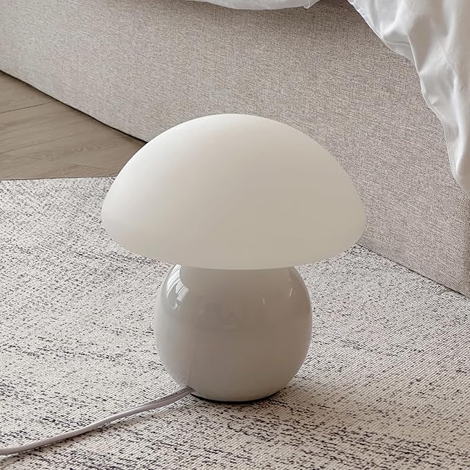 Mushroom Lamp Ceramic Base,White Cute 70s Mid Century Modern Decor Lamp for Bedroom,Small Abstract Table Bedside Glass Mood Coze Fun Warm Light
