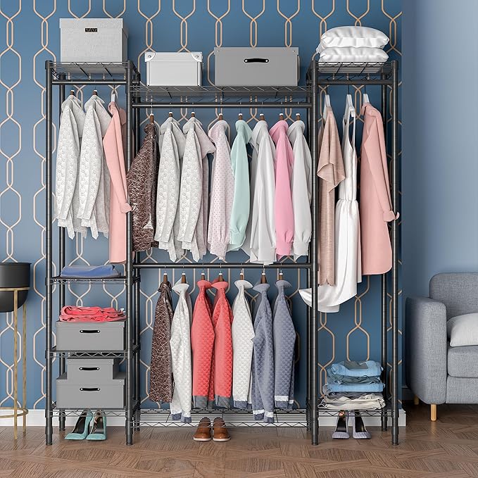 Garment Rack Heavy Duty Clothes Rack for Hanging Clothes,Metal Garment Rack,Freestanding Clothing Rack,Adjustable Custom Closet Rack,54" L x 13.8" W x 75.8" H, Max Load 750LBS,Black
